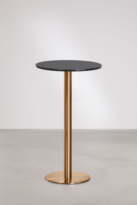 Table haute de bar ronde Ø60 cm en pierre naturelle Xiren - Marbre Nero Marquina - Or Rose Brossé