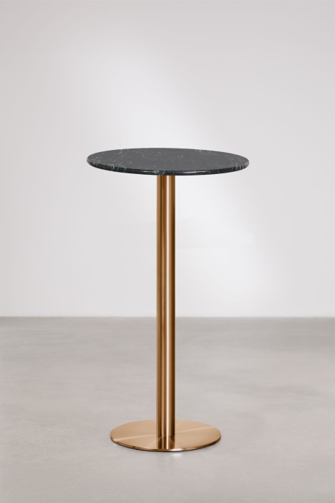 Table haute de bar ronde Ø60 cm en pierre naturelle Xiren - Marbre Vert Big Flower - Or Rose Brossé