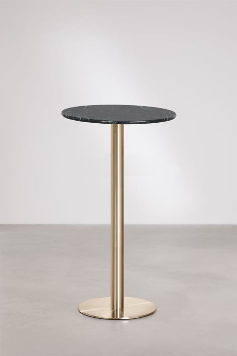 Table haute de bar ronde Ø60 cm en pierre naturelle Xiren - Marbre Vert Big Flower - Doré Brossé