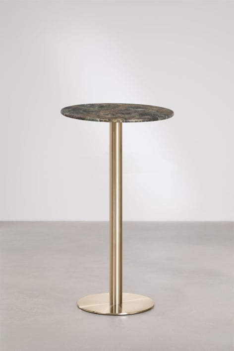 Table haute de bar ronde Ø60 cm en pierre naturelle Xiren - Marbre Vert Forest - Doré Brossé