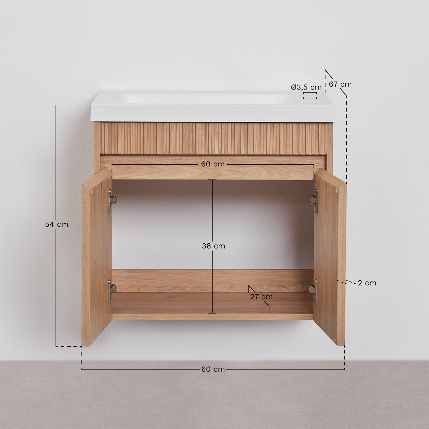 Ensemble meuble de salle de bain suspendu en bois avec lavabo intégré Narek, mesures