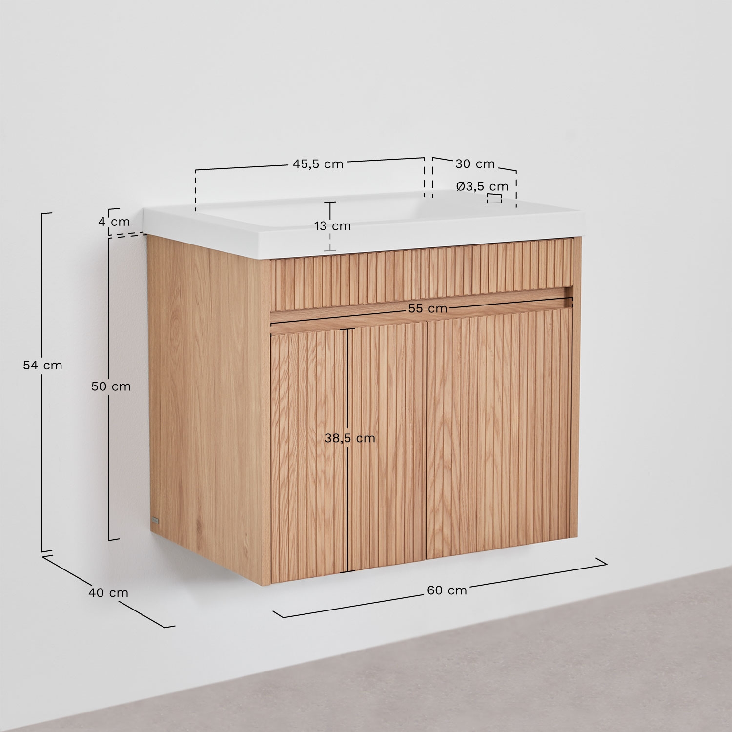 Ensemble meuble de salle de bain suspendu en bois avec lavabo intégré Narek, mesures