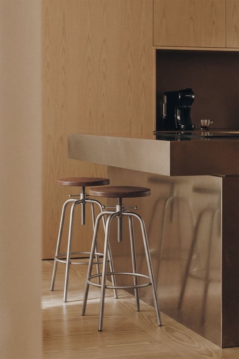 Tabouret haut réglable en acier inoxydable et bois Bangalore - Brun Acacia foncé