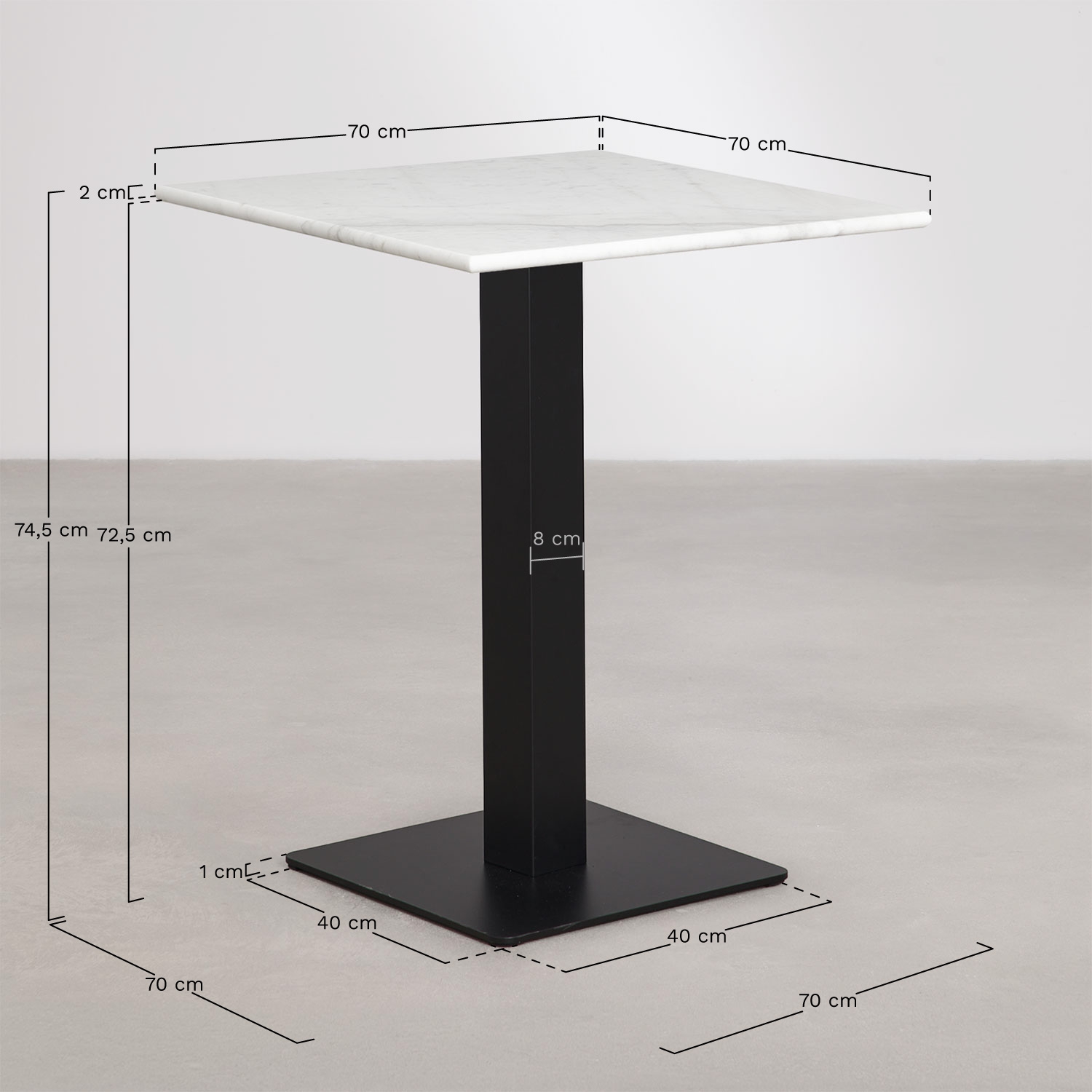 Table de bar carrée en pierre naturelle Livanto, mesures