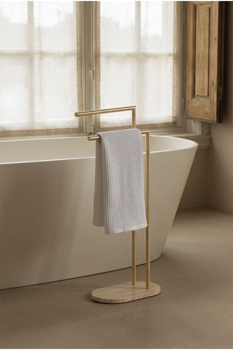 Porte-serviettes sur pied en pierre naturelle et acier inoxydable Eravni - Travertin - Doré Brossé