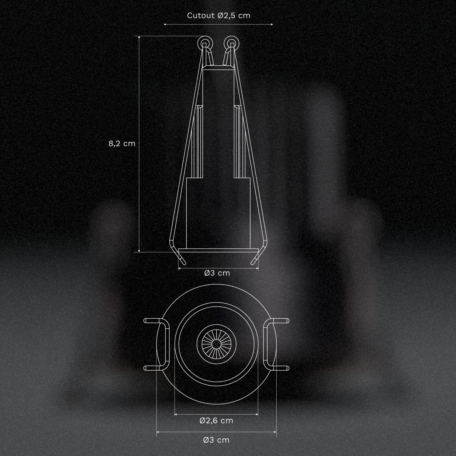 Pack de 3 downlights LED encastrables avec cadres en aluminium Ø3 cm avec allumage et extinction progressifs Luisiana, mesures