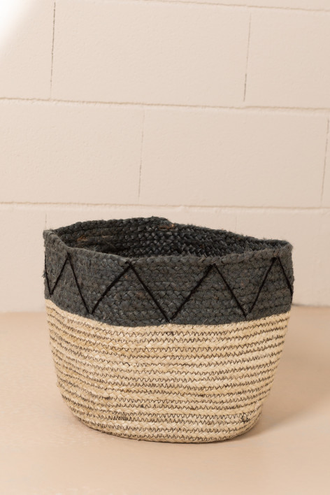 Panier Fourre-tout Mifuko - Gris Anthracite Et Blanc - Sisal Et Cuir - Neuf étiqueté