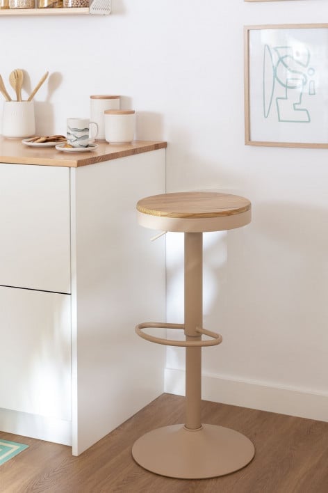 Tabouret haut réglable en acier beige lin et bois d'orme Bardder