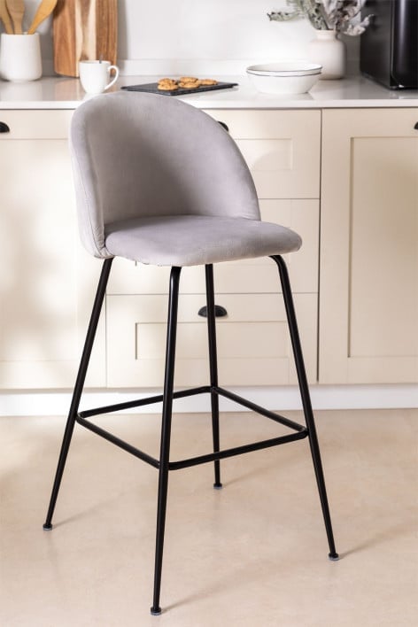 Tabouret haut 75 cm en velours gris perle et pieds noirs Kana Design - Gris Perle