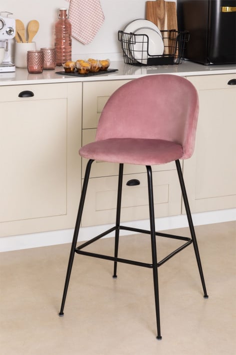 Tabouret haut 75 cm en velours pivoine et pieds noirs Kana Design - Peonia