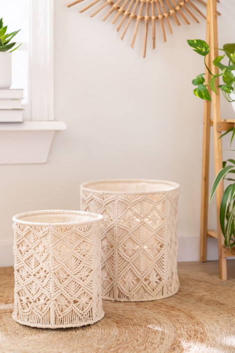 Lot De 2 Paniers Macramé Pour Pinceaux Maquillage - Style Bohème Ivoire - 10x10 Cm - Rangement Déco