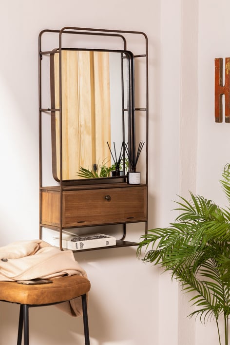 Miroir mural rectangulaire avec tiroir en bois et métal (99x50 cm) Oyan