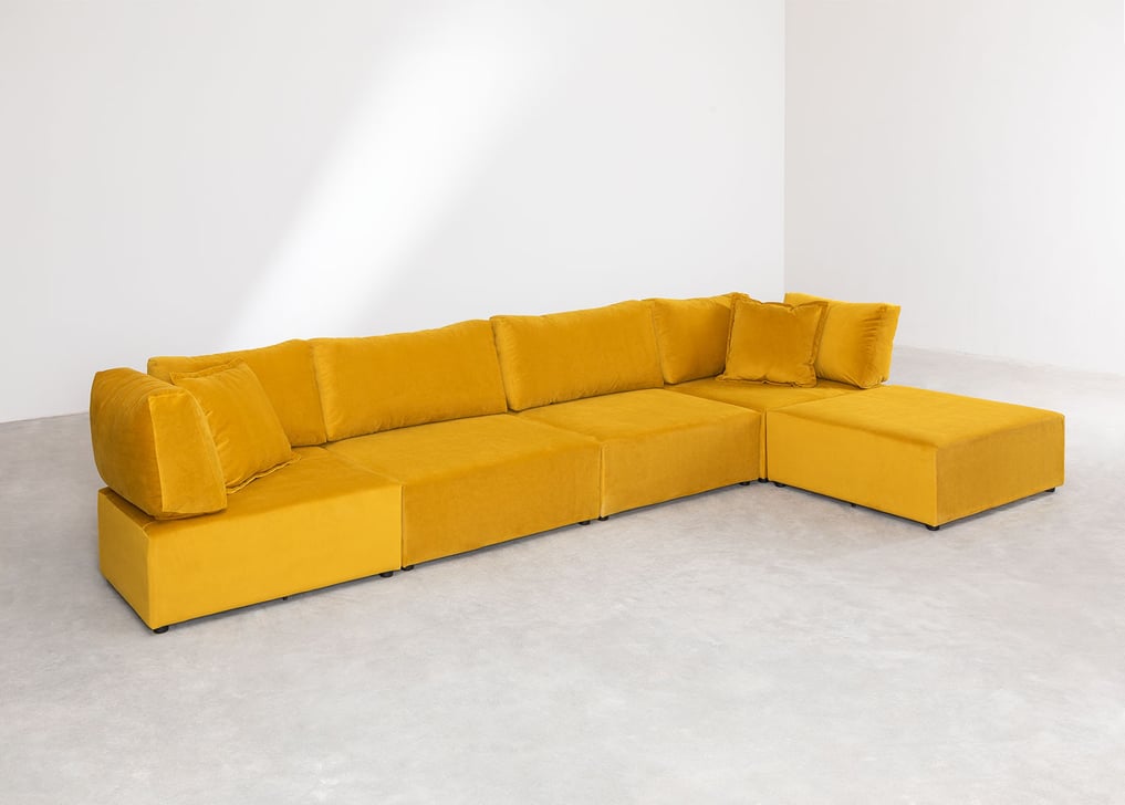 Canapé modulable 4 pièces avec 2 fauteuils d'angle et pouf en velours Kata, image de la galerie 1