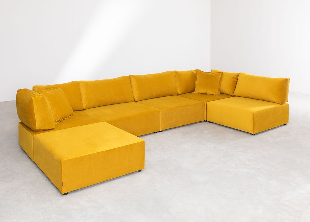 Canapé d'angle modulable 5 pièces avec pouf en velours Kata, image de la galerie 1