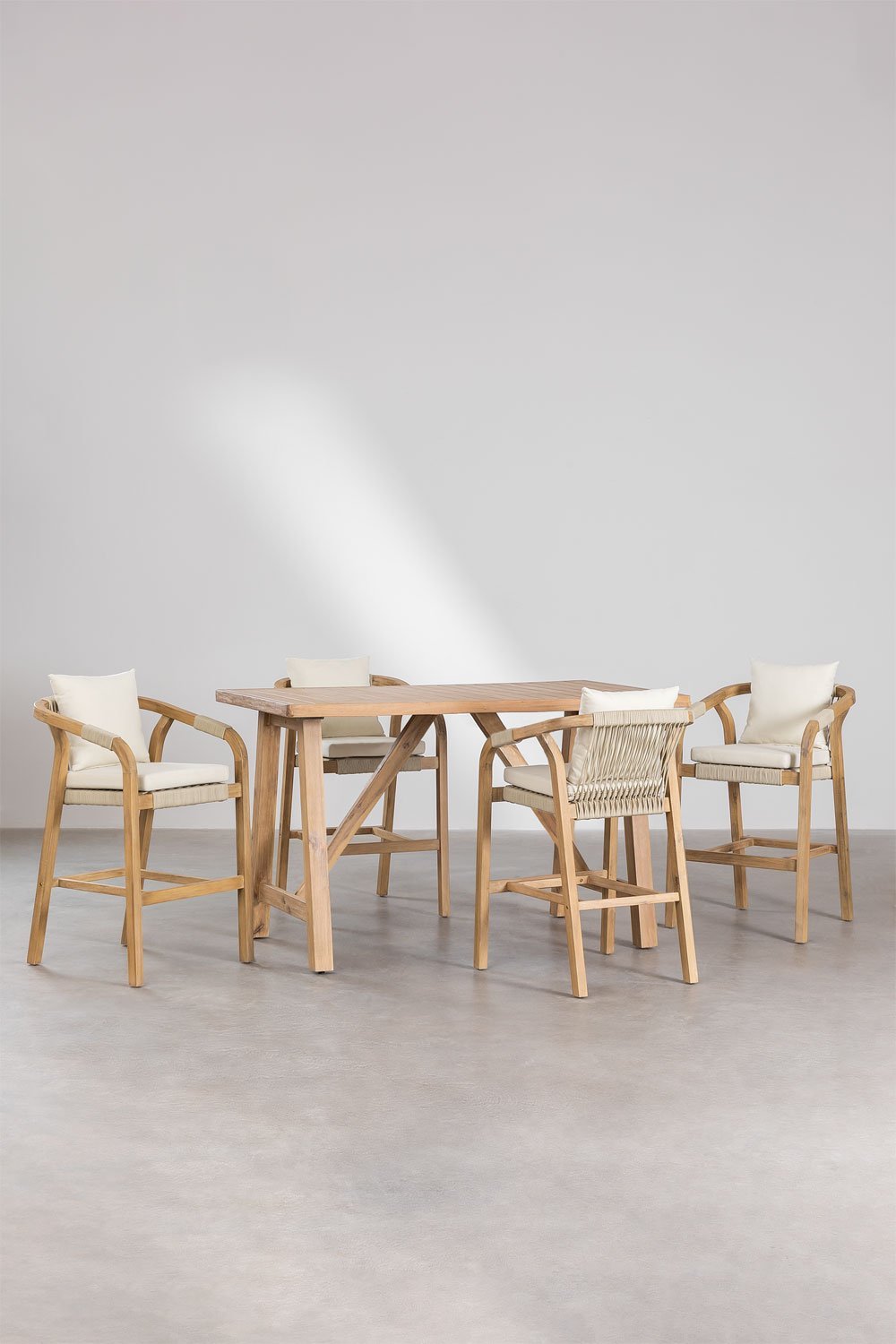 Ensemble de Table Haute Rectangulaire (160x90 cm) et 4 Tabourets Hauts en Bois d'Acacia Dubaï, image de la galerie 1