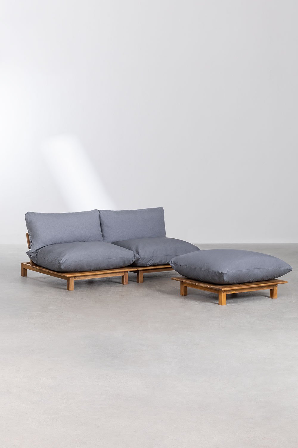 Canapé modulaire inclinable 2 pièces avec pouf en bois d'acacia Brina, image de la galerie 1