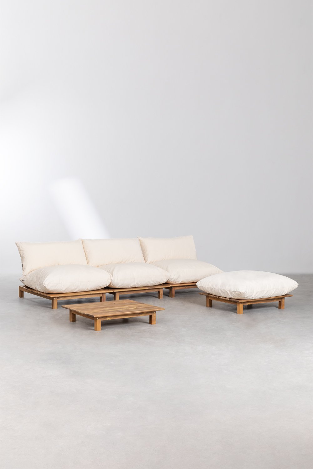 Canapé modulaire inclinable 3 pièces avec table basse et pouf en bois d'acacia Brina, image de la galerie 1