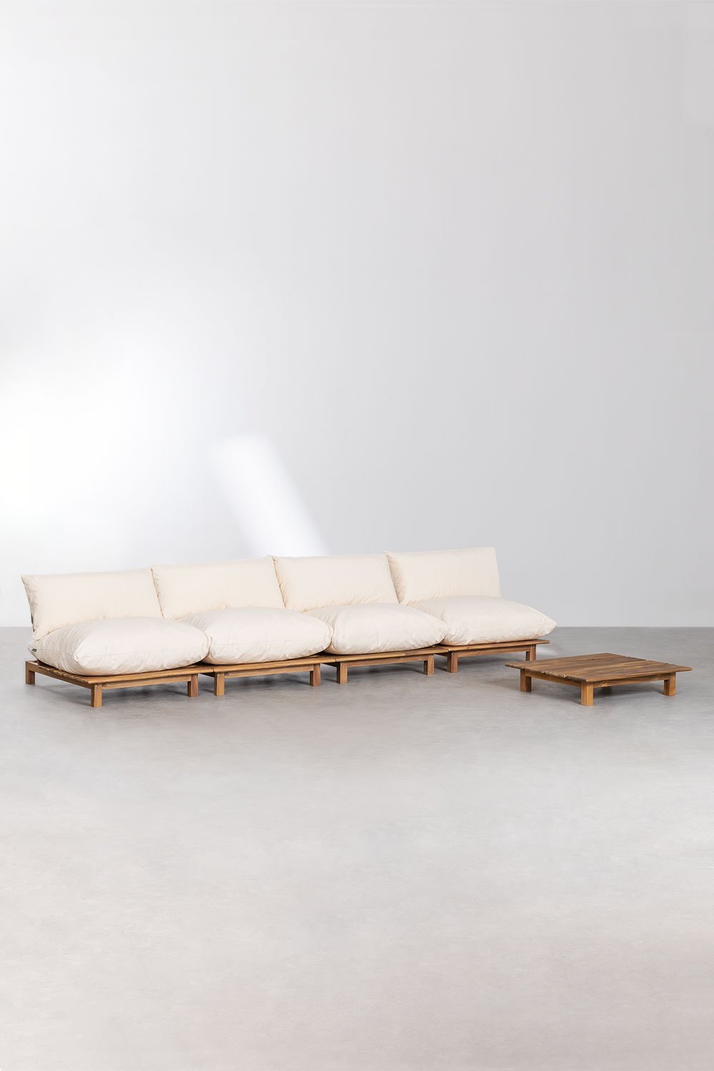 Canapé modulaire inclinable 4 pièces avec table basse en bois d'acacia Brina, image de la galerie 1