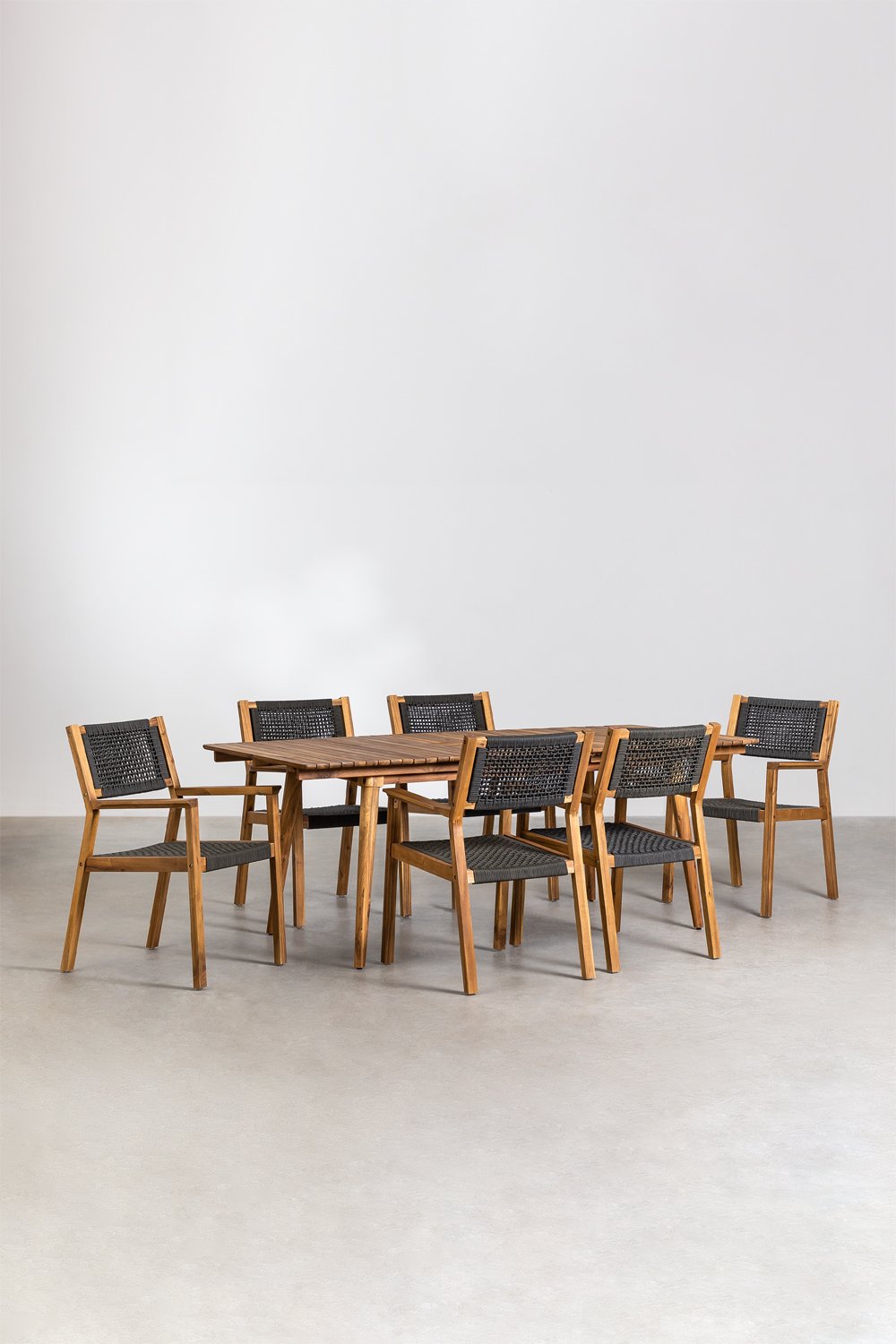 Ensemble table rectangulaire 160-210x90 cm extensible et 6 chaises de jardin avec accoudoirs en bois d'acacia Tenay   , image de la galerie 2