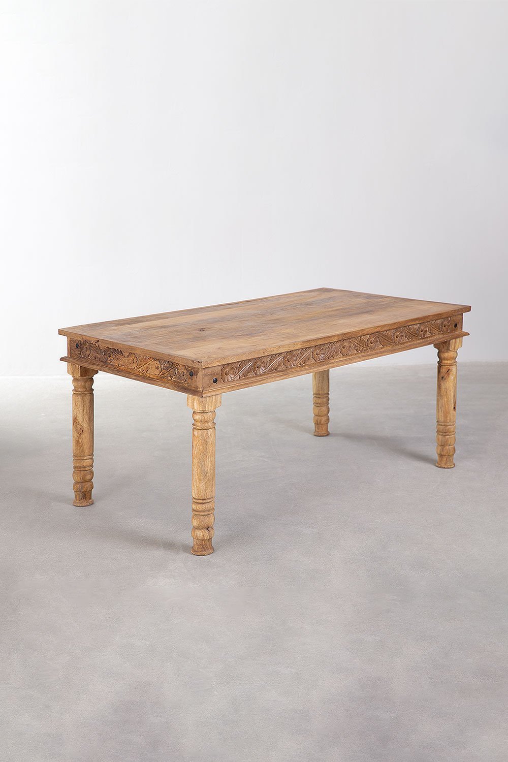 Ensemble de table rectangulaire Taraz en bois de manguier (160x90 cm) et 6 chaises de salle à manger en tissu Sunna, image de la galerie 4