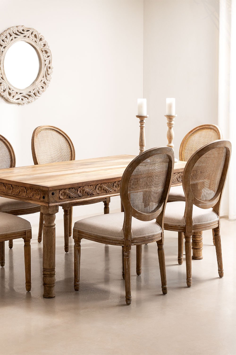 Ensemble de table rectangulaire Taraz en bois de manguier (160x90 cm) et 6 chaises de salle à manger en tissu Sunna, image de la galerie 1