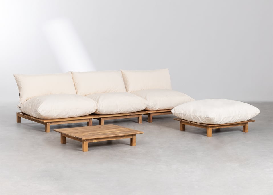 Canapé de jardin inclinable modulable 3 pièces avec table basse et pouf en bois d'acacia Brina