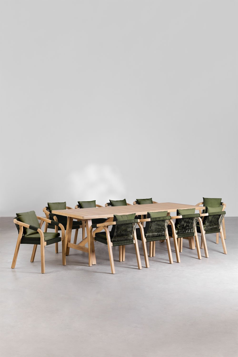 Set de table rectangulaire (260x100 cm) et 10 chaises de salle à manger en bois d'acacia Dubai, image de la galerie 1