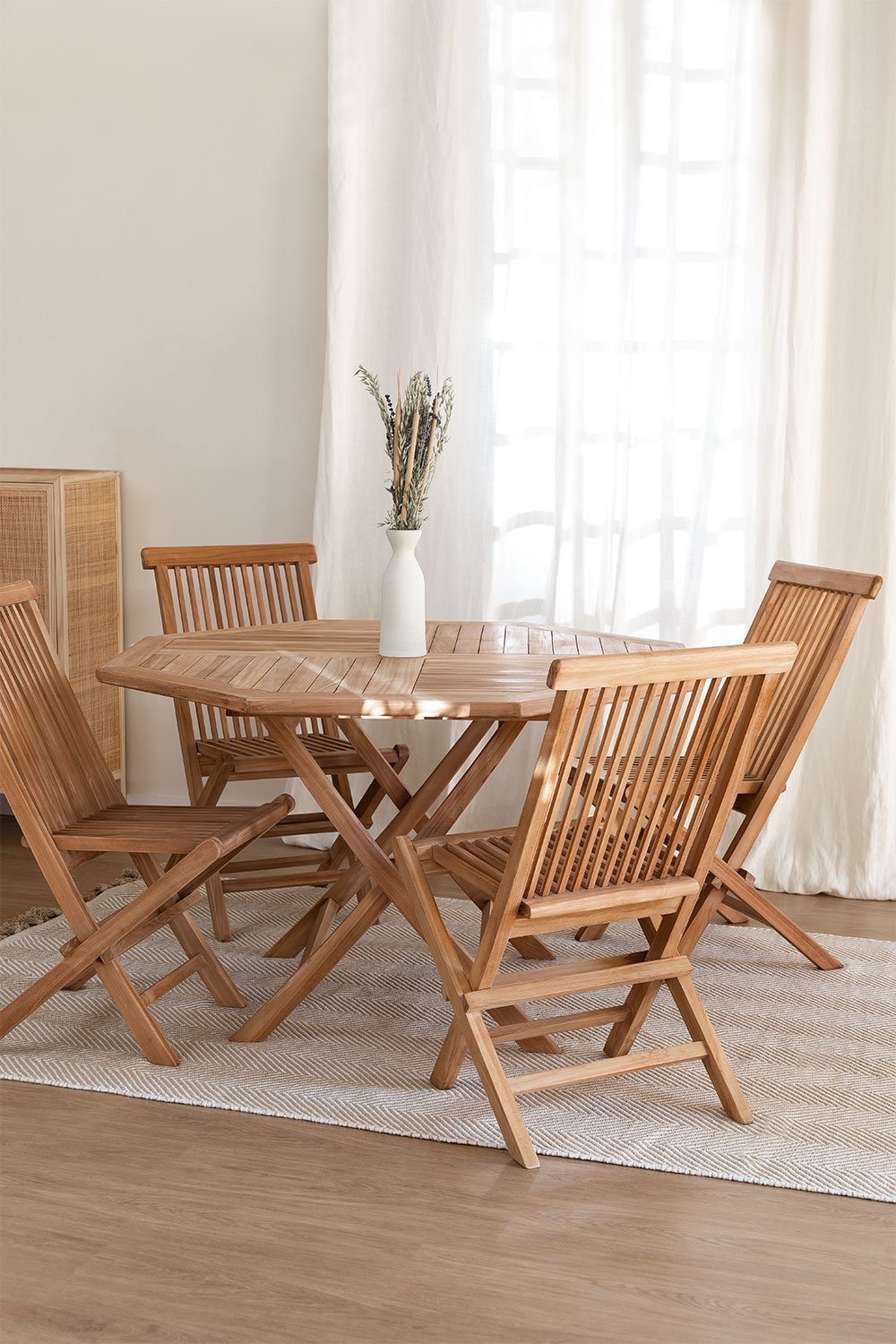 Ensemble de table octogonale (Ø120 cm) et 4 chaises de salle à manger pliantes en bois de teck Pira Pira, image de la galerie 1