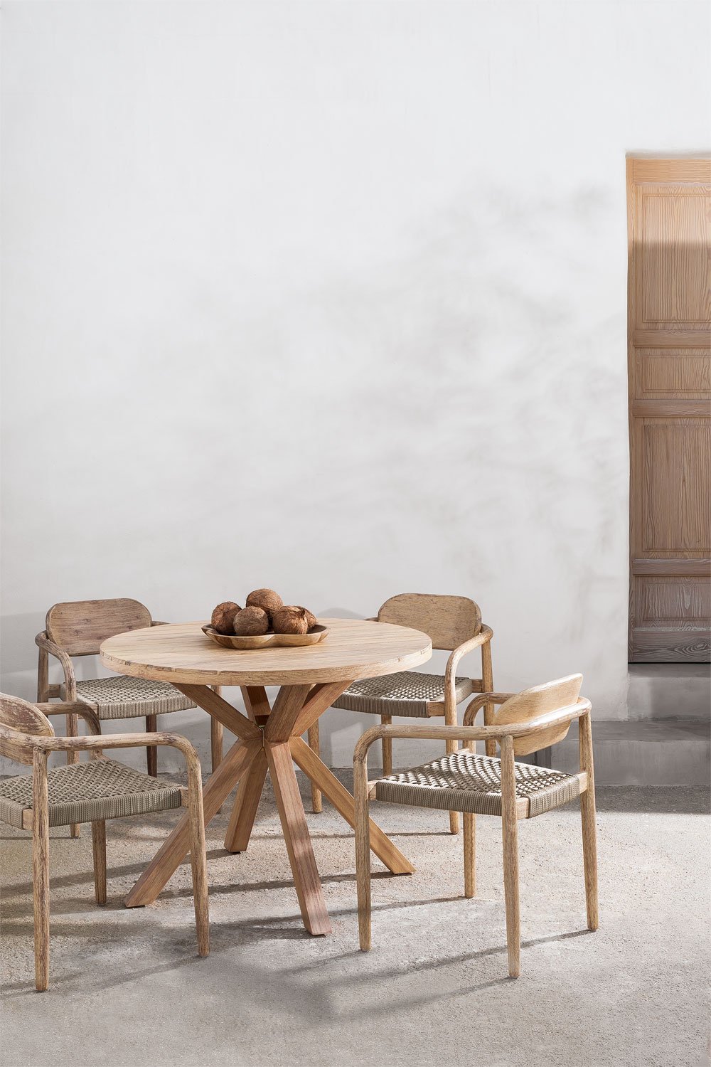 Set de table ronde (Ø100 cm) et 4 chaises de salle à manger avec accoudoirs en bois Naele , image de la galerie 1