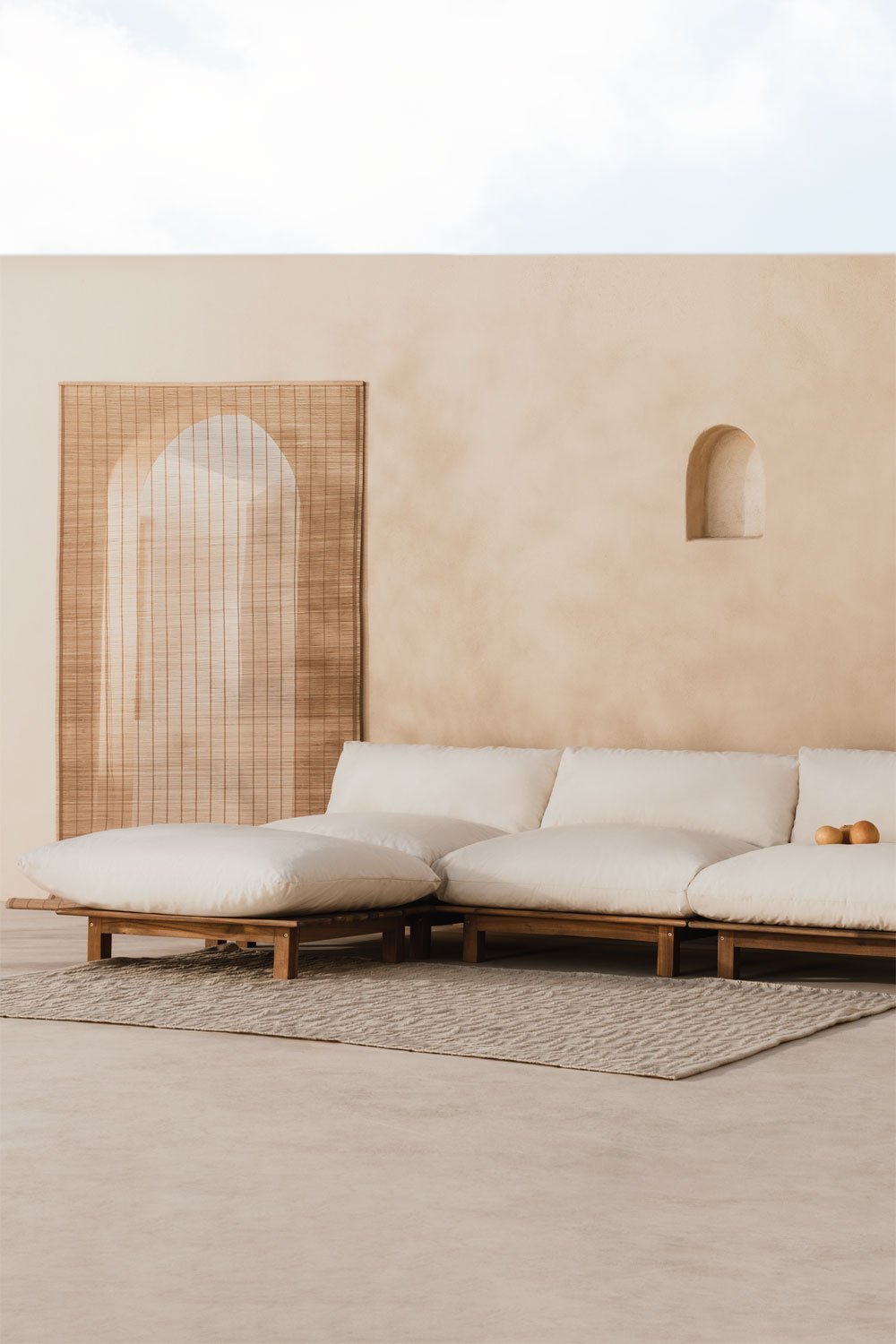 Canapé de jardin inclinable modulaire 3 pièces avec pouf en bois d'acacia Brina, image de la galerie 1