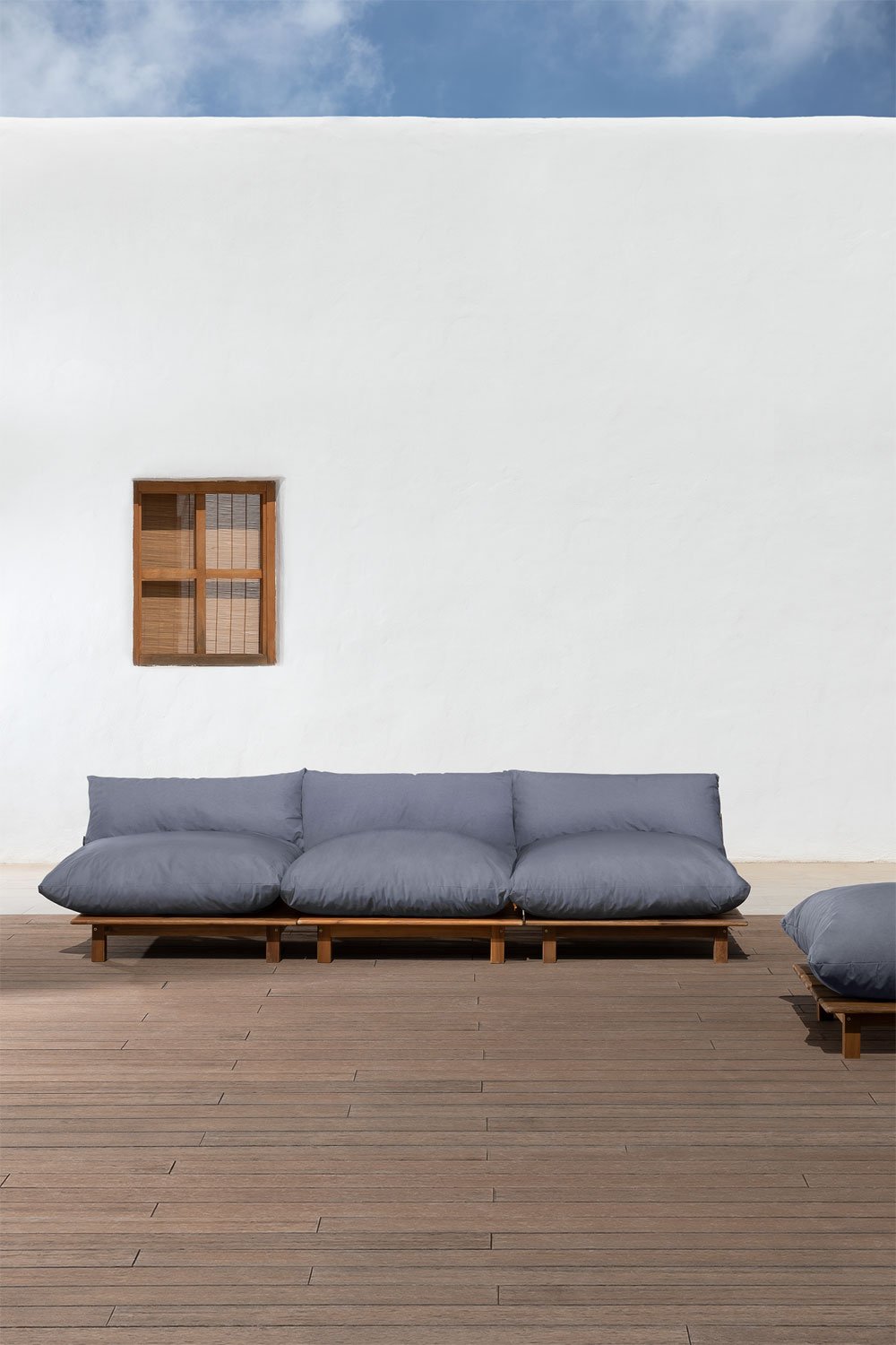 Canapé de jardin inclinable modulaire 3 pièces avec pouf en bois d'acacia Brina, image de la galerie 1