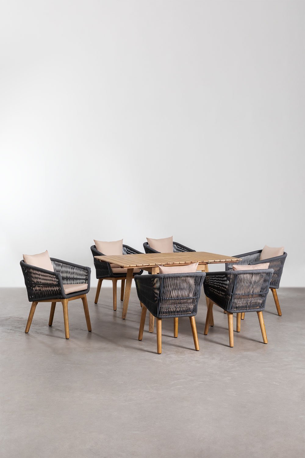 Ensemble de table extensible en bois (90-150x90 cm) Naele et 6 chaises de jardin Barker, image de la galerie 1