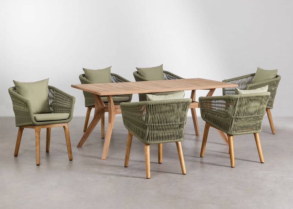Ensemble de table rectangulaire en bois de teck (180x90 cm) Yolen et 6 chaises de jardin Barker