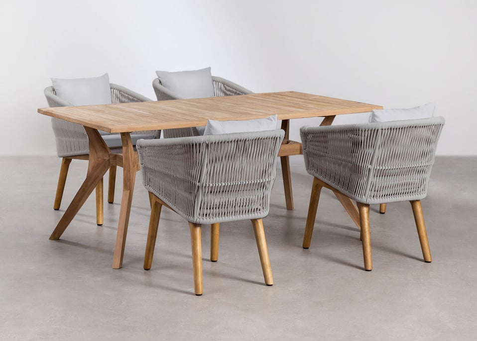 Ensemble de table rectangulaire en bois de teck Yolen (180x90 cm) et 4 chaises de salle à manger Barker