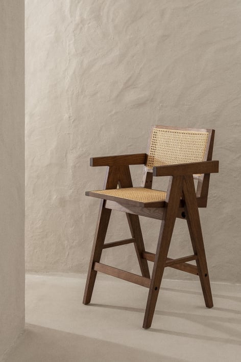 Tabouret haut 65cm en bois de frêne foncé et rotin Lali - Bois Foncé