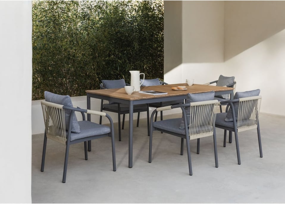 Ensemble table rectangulaire (180x90 cm) et 6 chaises de jardin Basper en aluminium et bois d'acacia