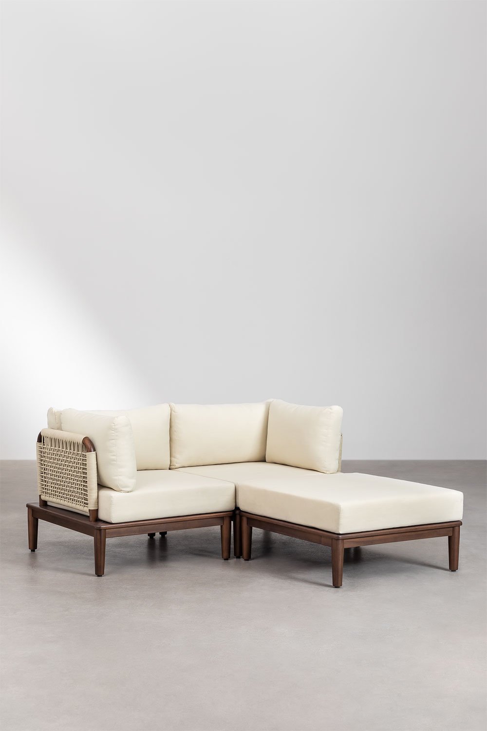 Canapé de jardin modulable 2 pièces avec 2 fauteuils d'angle et pouf en bois d'acacia Brayan, image de la galerie 1