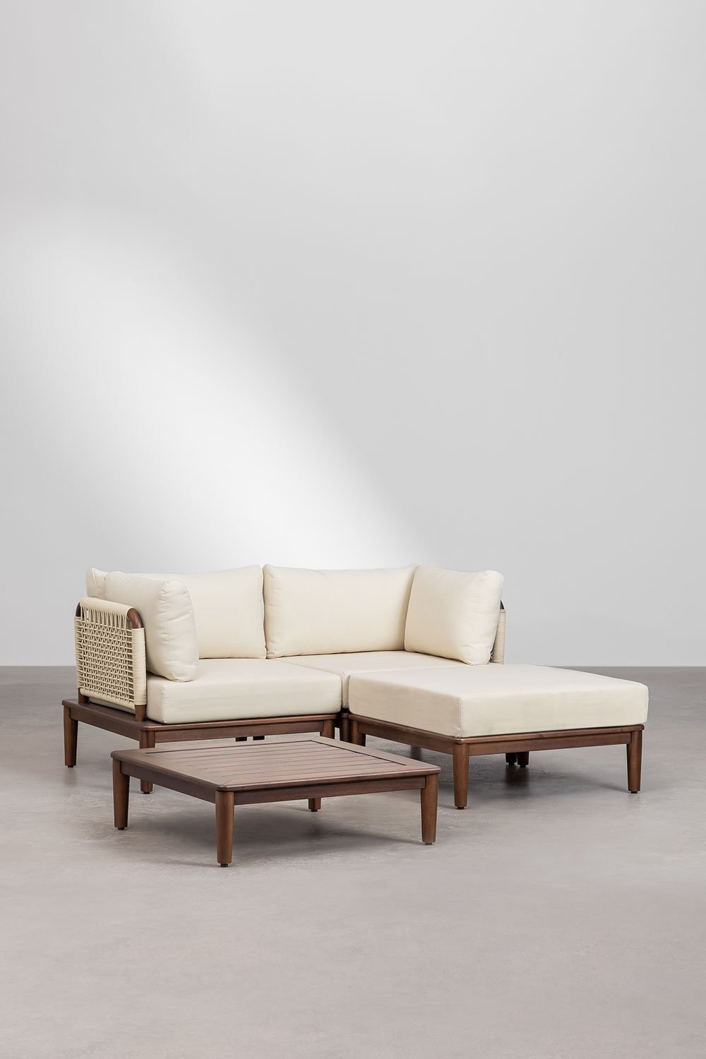 Canapé de jardin modulable 2 pièces avec 2 fauteuils d'angle, table basse et pouf en bois d'acacia Brayan, image de la galerie 1