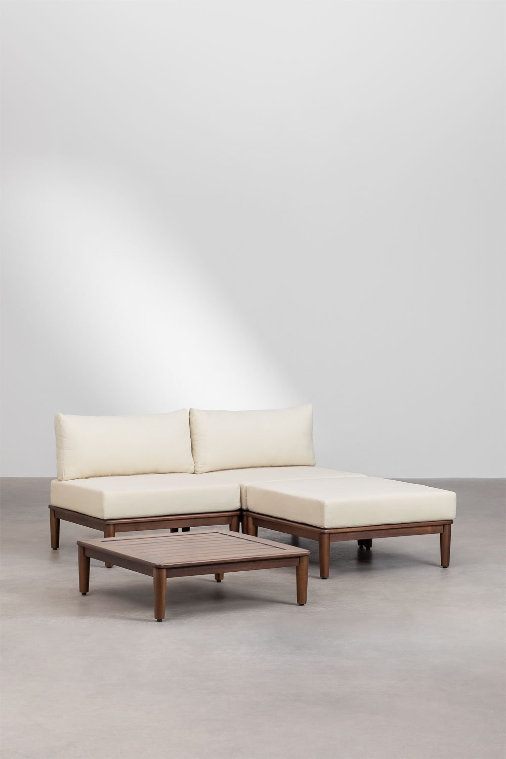 Canapé de jardin modulable 2 pièces avec table basse et pouf en bois d'acacia Brayan, image de la galerie 1