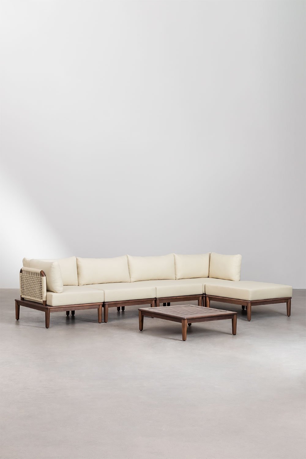 Canapé de jardin modulable 4 pièces avec 2 fauteuils d'angle, table basse et pouf en bois d'acacia Brayan, image de la galerie 1