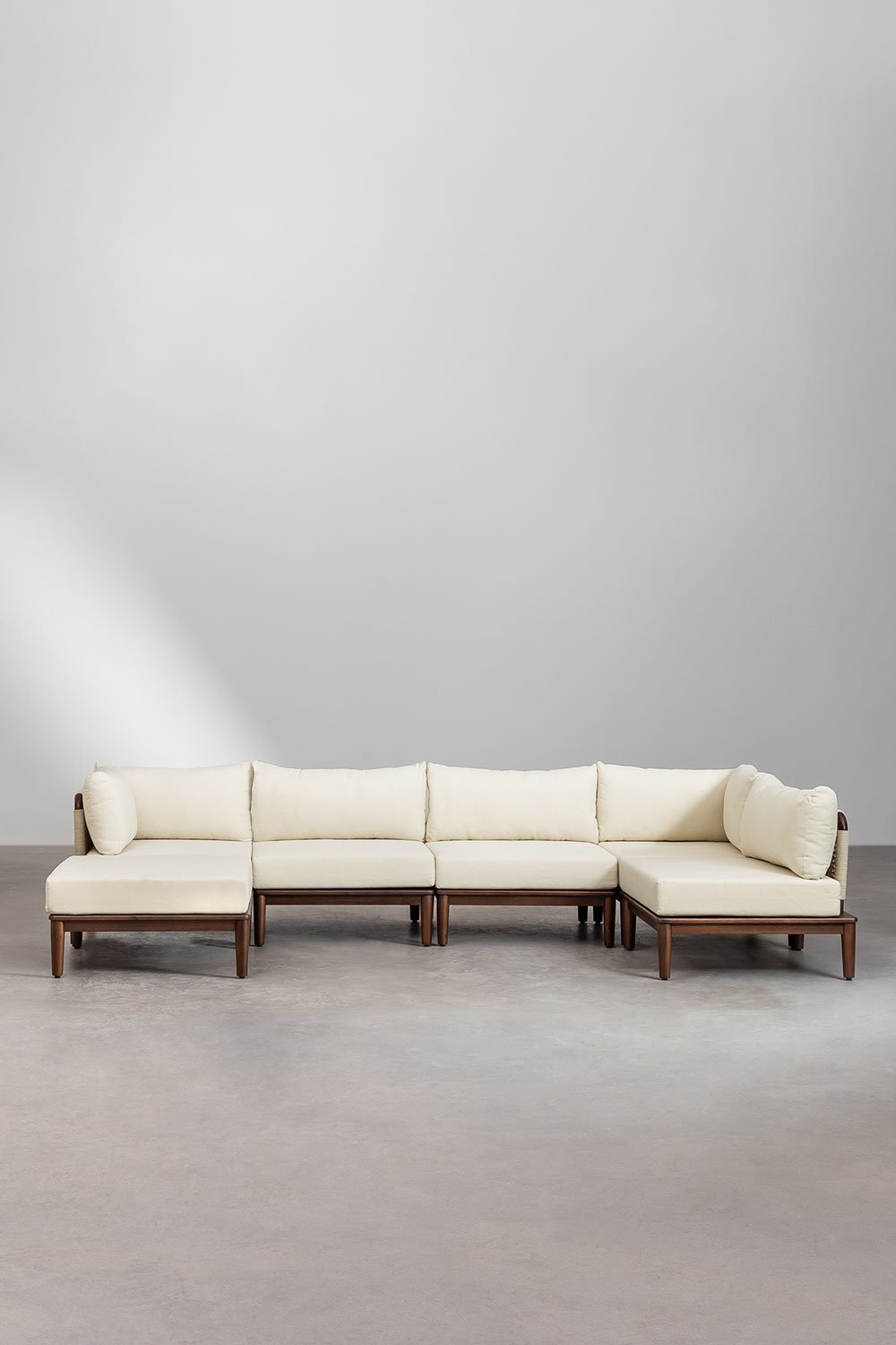 Canapé d'angle de jardin modulable 5 pièces et pouf Giulia en acacia, image de la galerie 4