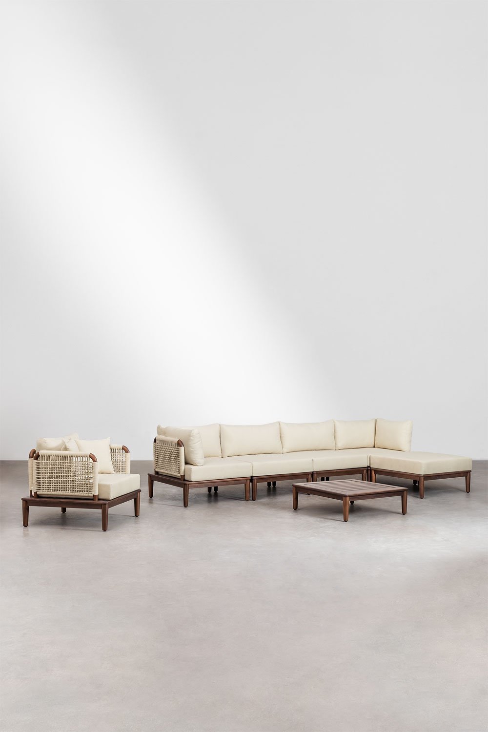 Canapé de jardin modulable 4 pièces avec 2 fauteuils d'angle, table basse, pouf et fauteuil en bois d'acacia Brayan , image de la galerie 1
