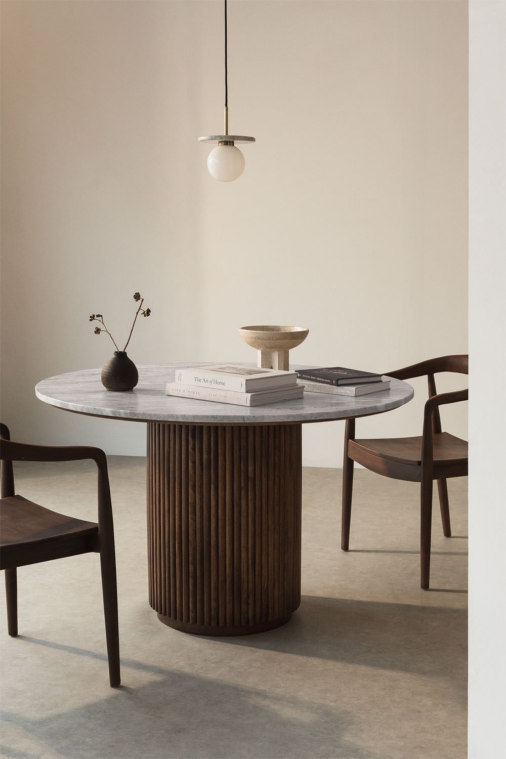 Table à manger ronde en marbre et bois de manguier (Ø120 cm) Giselda, image de la galerie 1