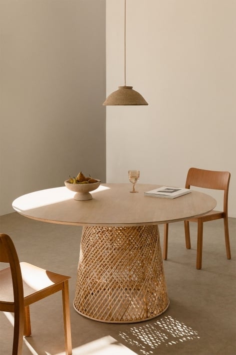 Table à manger ronde en bois de manguier et rotin (Ø140 cm) Suzane