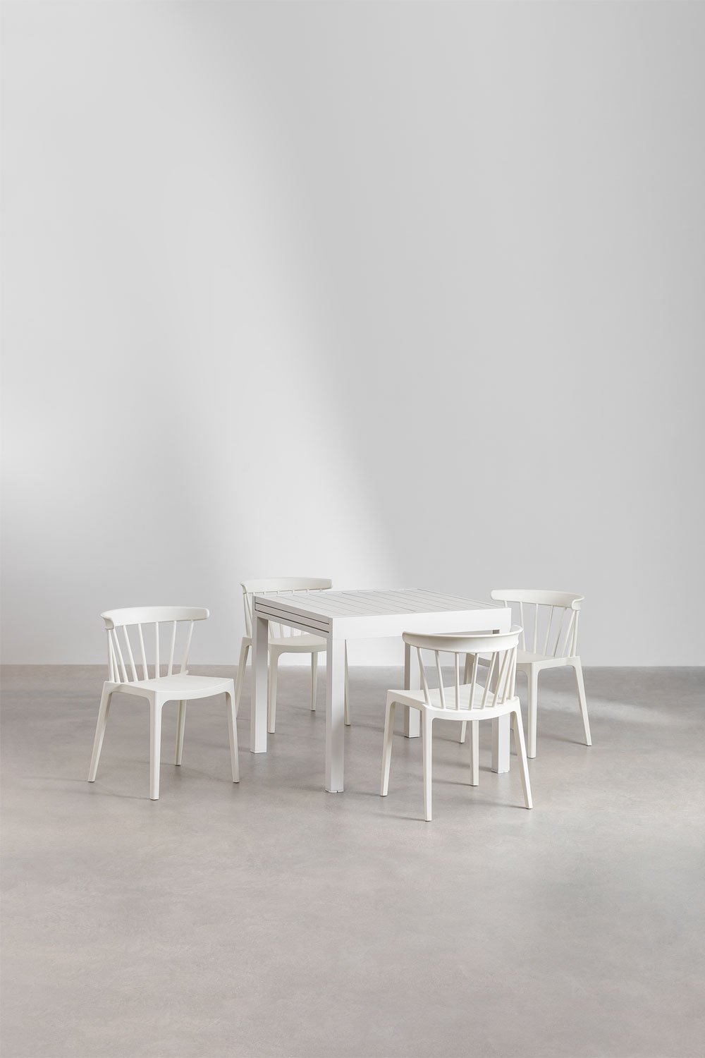 Ensemble table rectangulaire extensible en aluminium Starmi (90-180x90 cm) et 4 chaises de jardin empilables Aldora, image de la galerie 1