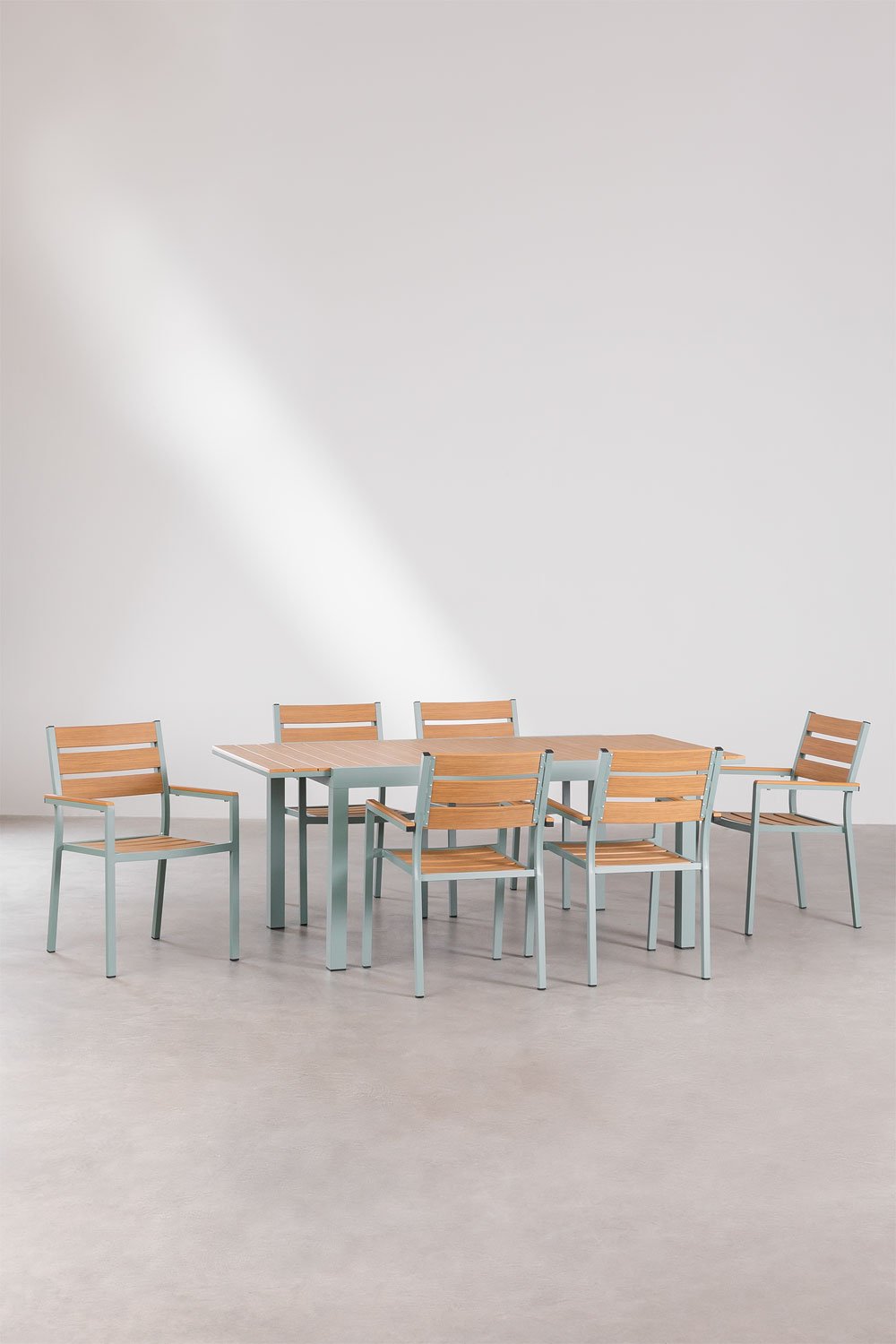 Set de Table Extensible Rectangulaire en Aluminium (150-197x90 cm) et 6 Chaises de Jardin Empilables avec Accoudoirs Saura, image de la galerie 1