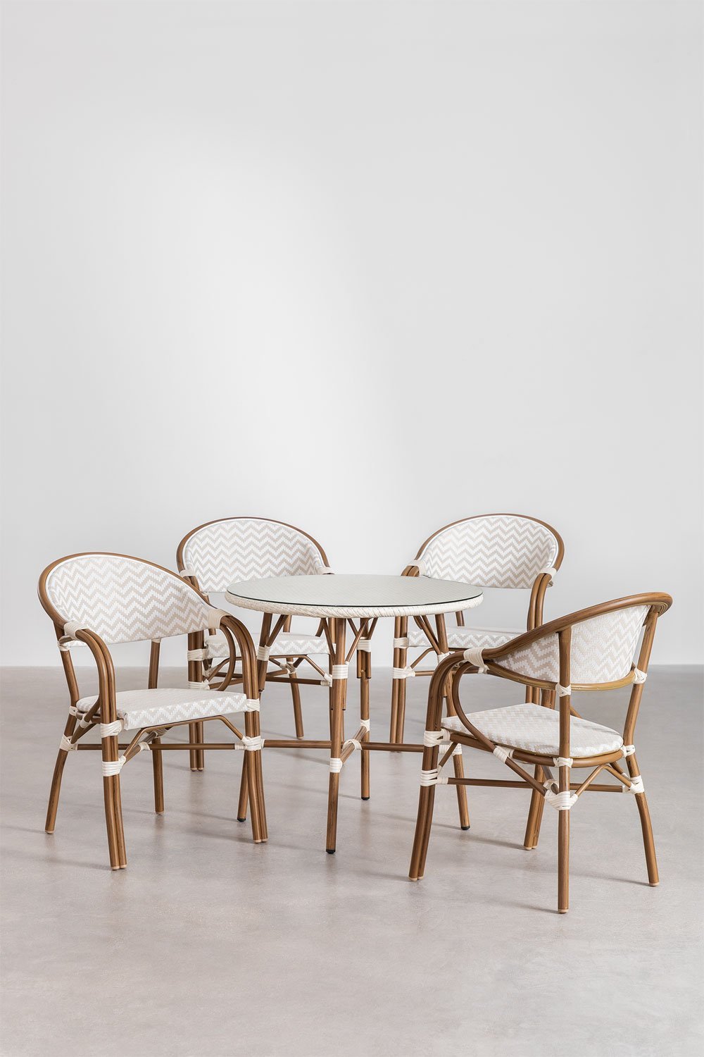 Ensemble table ronde (Ø80 cm) et 4 chaises de jardin empilables avec accoudoirs en aluminium Brielle Bistro, image de la galerie 2