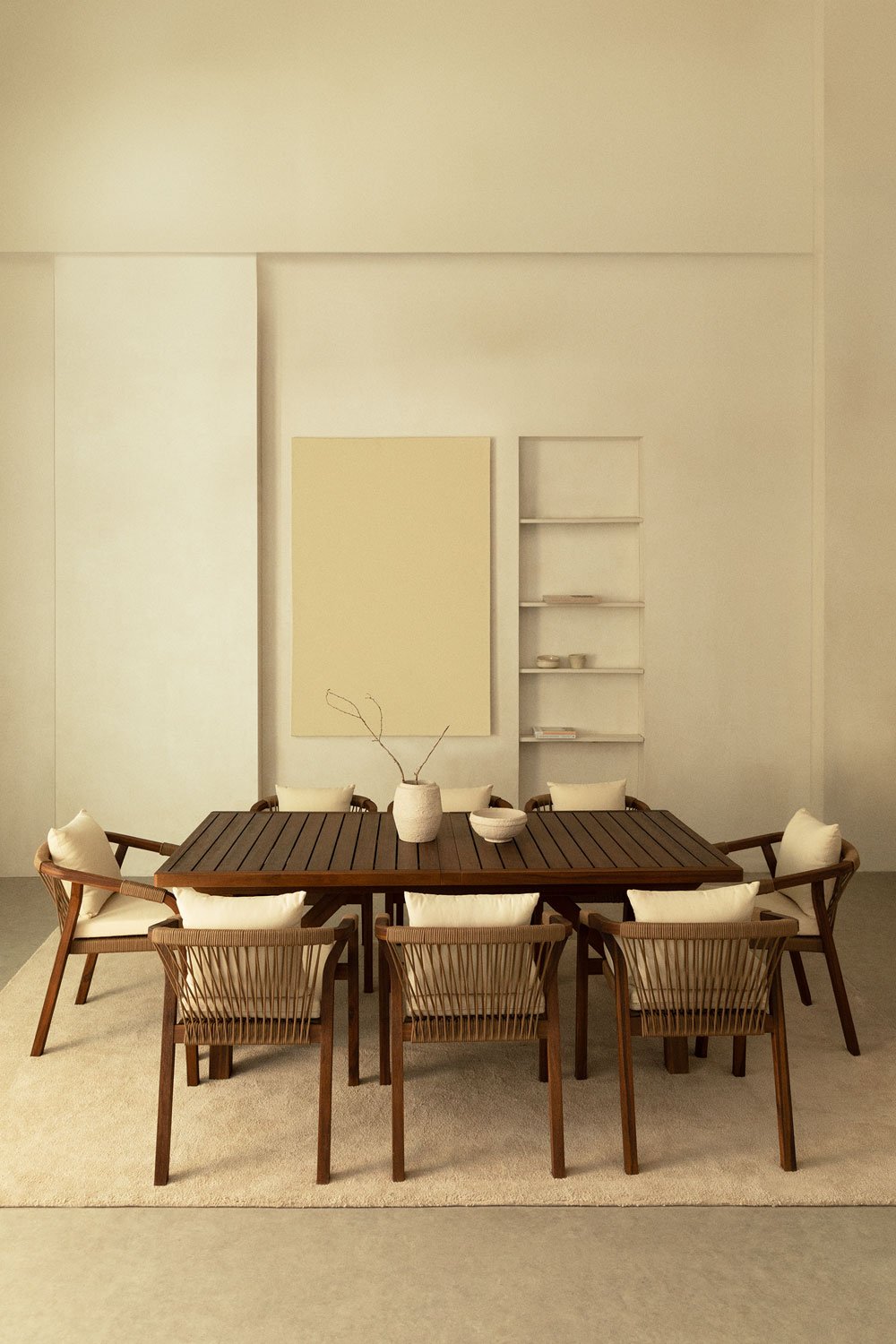 Ensemble table rectangulaire extensible (200-300x100 cm) et 8 chaises de salle à manger avec accoudoirs en bois d'acacia de Duba, image de la galerie 1