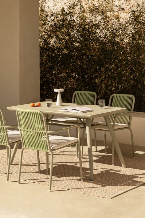Ensemble table rectangulaire (134x78 cm) Joane et 4 chaises de jardin empilables en aluminium Alberta