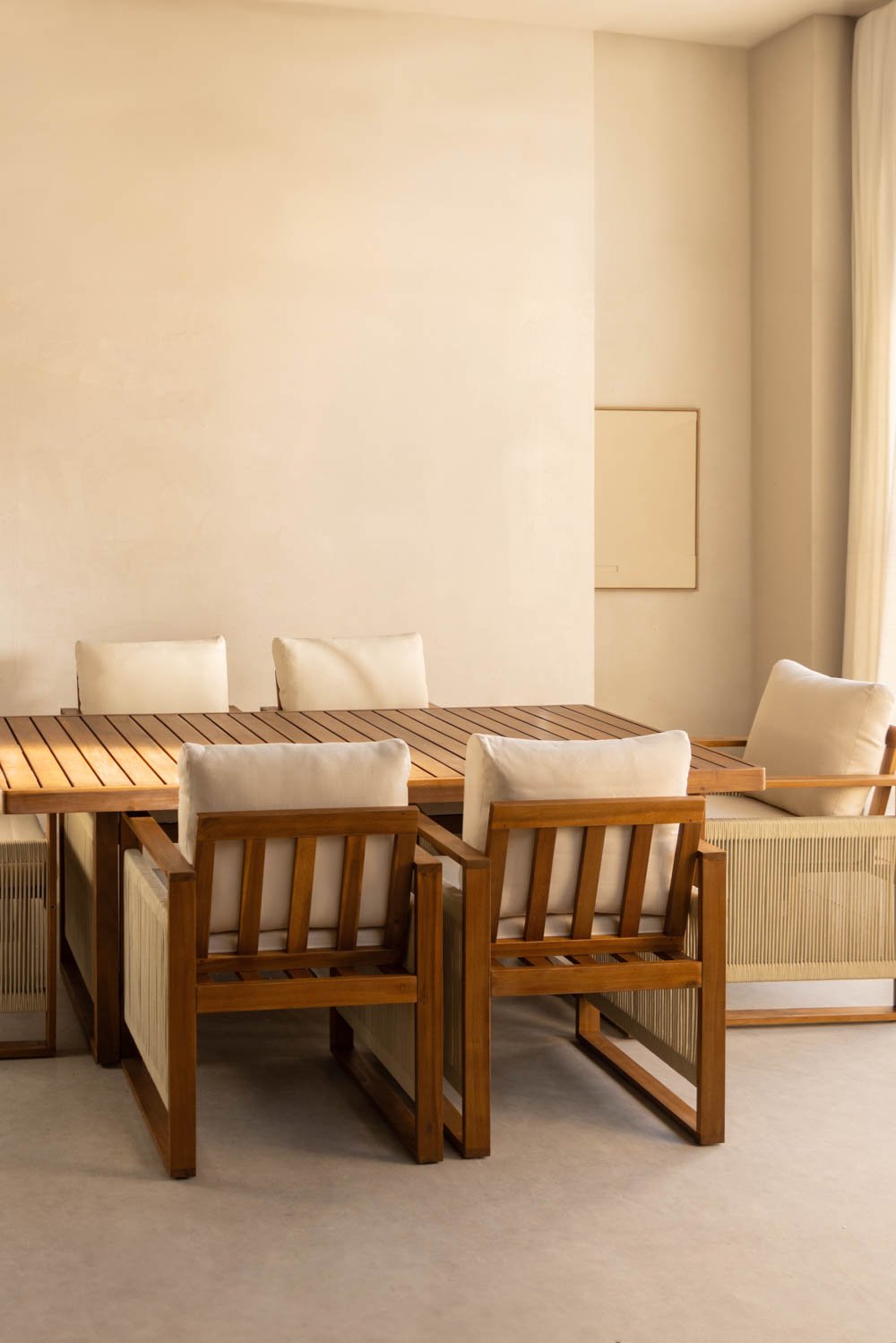 Ensemble table rectangulaire (200x100 cm) et 6 chaises de salle à manger avec accoudoirs en bois d'acacia Nayely, image de la galerie 1